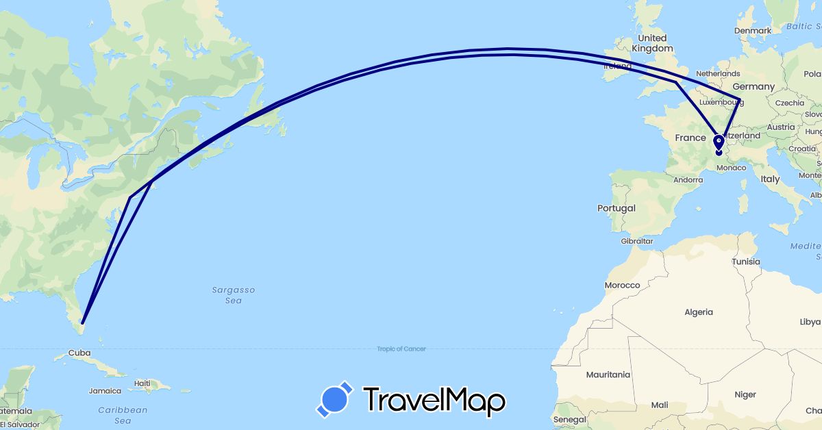 TravelMap itinerary: driving in Switzerland, Germany, France, United Kingdom, United States (Europe, North America)